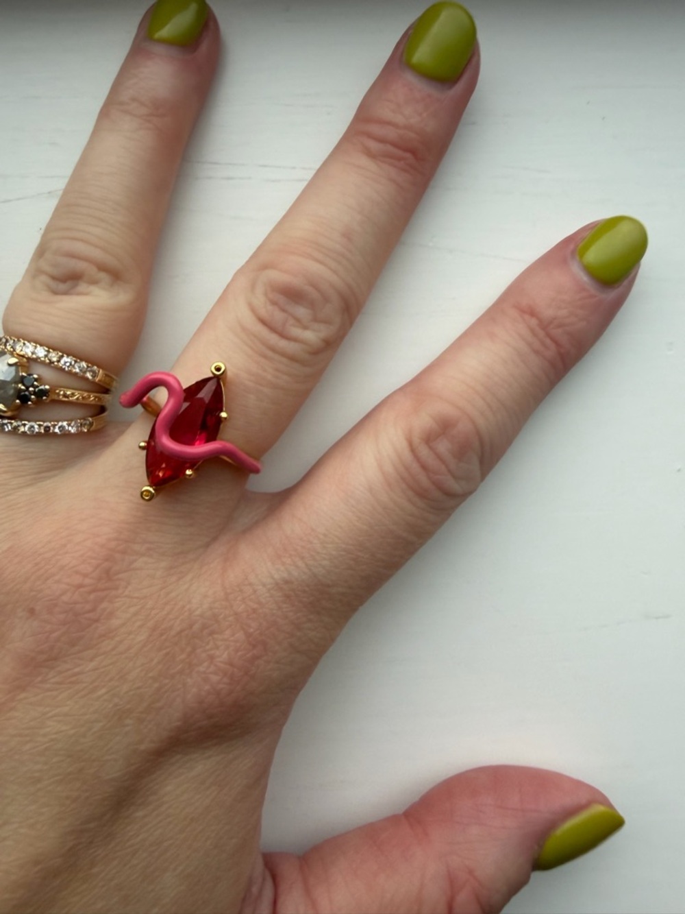 Gold-Tone Pink Enamel Squiggle Wavy Ring with Faceted Pink Center Stone - Size 7